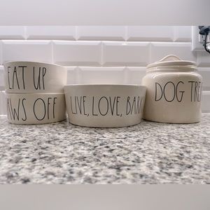Rae Dunn dog bowls and treat jar.